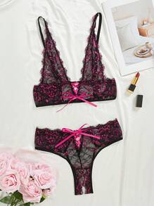 Women's Sexy Lingerie Set, Alluring, Pink, Criss-Cross Strap, Lace Patchwork - Black - View 7