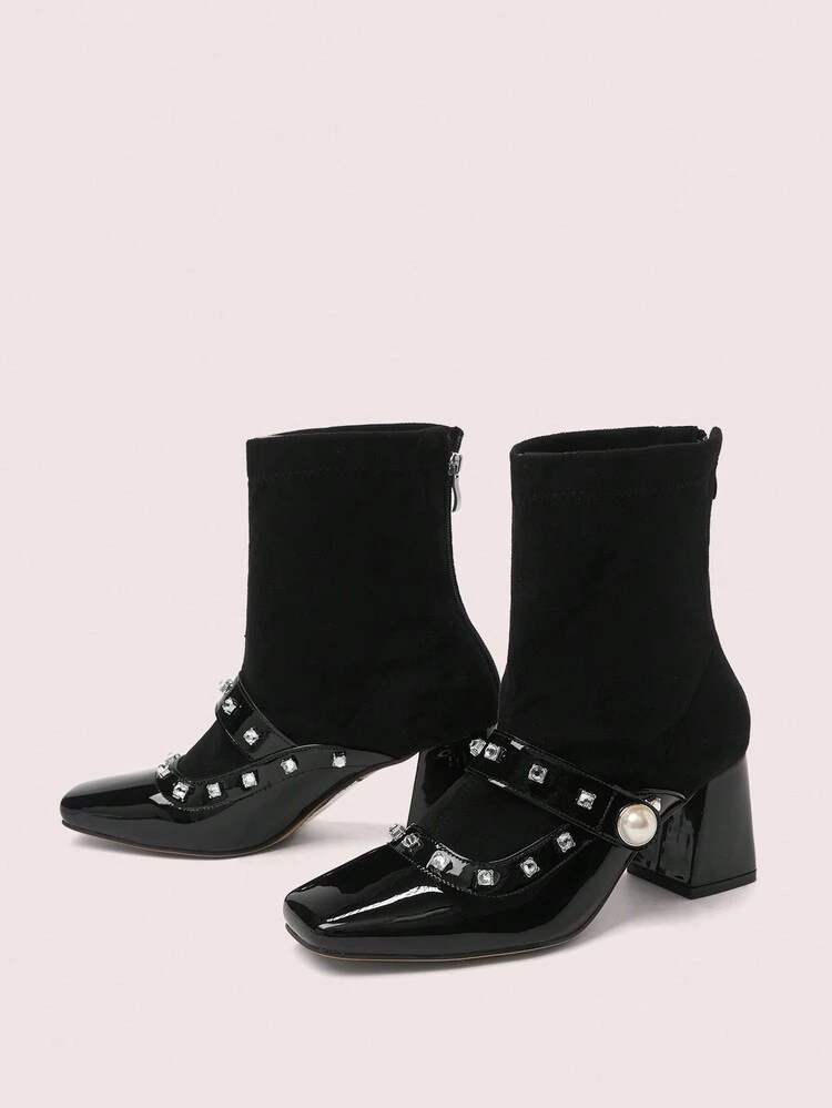 CUCCOO DOLLMOD Women's Fashionable & Comfortable Black Buckle Rhinestone Decor Square Toe Chunky Heel Casual Versatile Ankle Boots With Back Zipper New Year Holiday