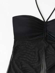 Swim Basics 夏季海滩女士露背系带开衩下摆比基尼套装（3 件）黑色罩衫 3 件套泳衣 - 黑色 - 查看 6