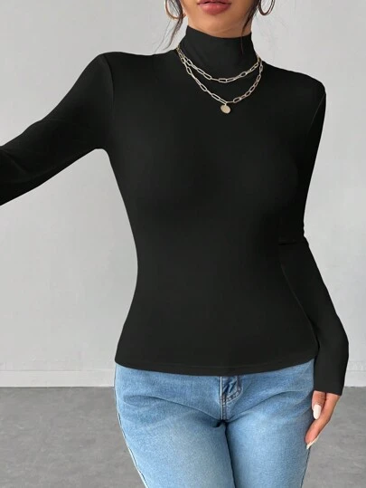 SHEIN PETITE 纯色修身高领长袖白色上衣