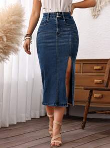 SHEIN LUNE 女士纯色口袋休闲开叉牛仔半身裙 - 藍色 - 查看 3