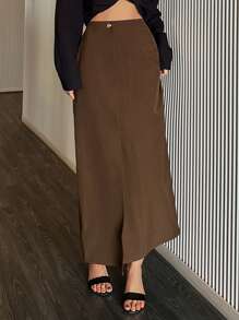 DAZY Chân váy xẻ tà bất đối xứng màu trơn có túi dành cho nữ, mùa thu đông. - màu nâu - Xem 3