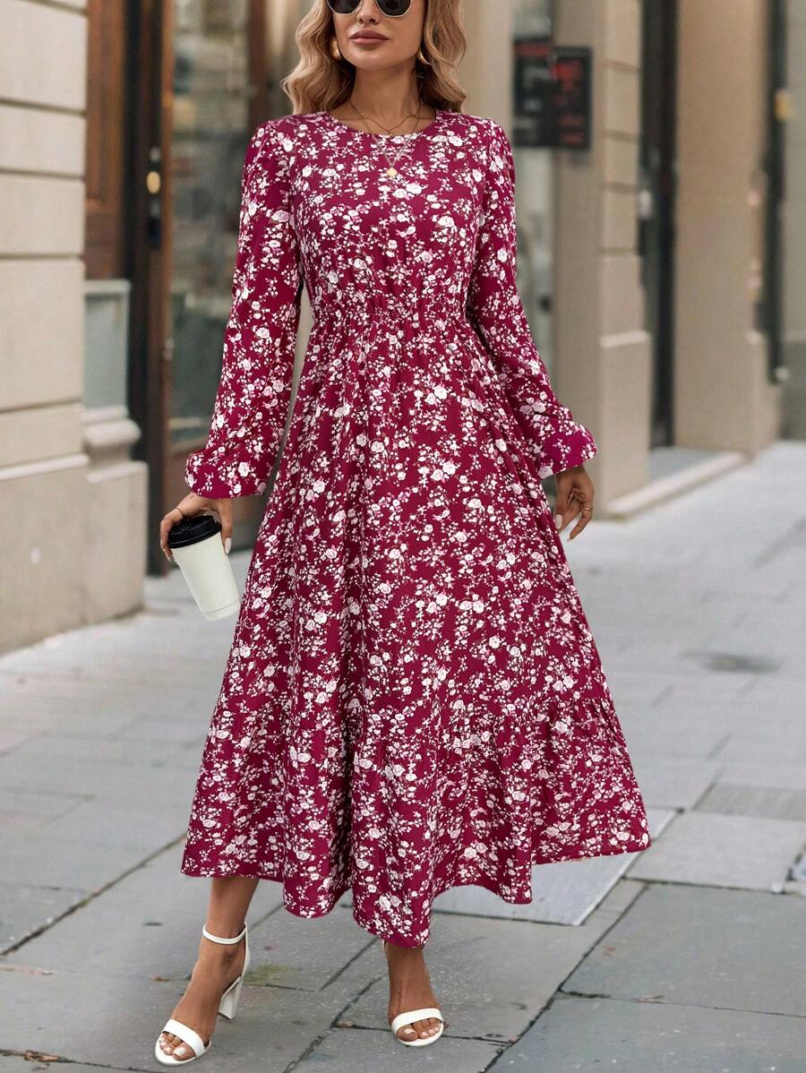 SHEIN LUNE 1 pieza Vestido largo con manga farol, cintura entallada y estampado floral pequeño para mujer, elegante estilo de resort, vestimenta para mujer maxí de color borgoña para primavera y otoño - Burdeos - Ver 1