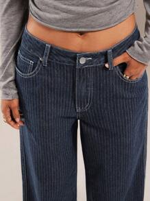 Forever 21 Winter Women Clothes Straight Leg Low-Waist Unique Jacquard Striped Casual Washed Dark Denim Pants, Autumn/Winter Women Jeans Low Rise Jeans Baggy Jeans - Navy Blue - View 3