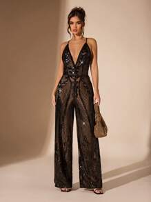 SHEIN BAE Tuta da donna con scollo a V profondo, gambe larghe, decorata con paillettes, adatta per feste - nero - Visualizzare 3