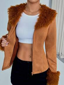 StreetHx Vintage Contrast Color Furry Collar Suede Jacket, Autumn - Rust Brown - View 7
