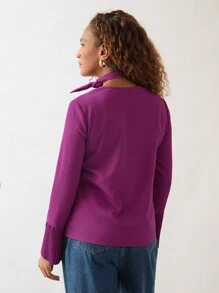SHEIN Unity Plum Red Flare Sleeve Tie Detail Women Blouse, Autumn/Winter - Red Violet - View 2
