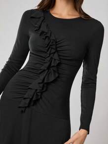 Enchnt Damen einfarbiges Kleid mit Rundhalsausschnitt, Langarm und Rüschensaum, elegant