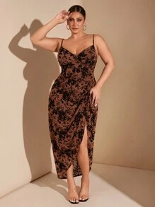 SHEIN BAE 加大码女式 V 领细肩带荷叶边黑色植绒优雅中长连衣裙，女士生日礼服