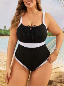 Plus Size Color Block Rits Trekkoord Eendelig Badpak Zomer