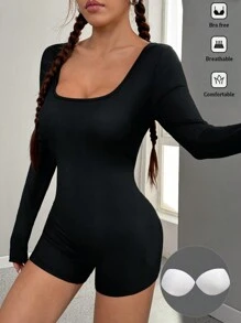 SHEIN Unity Fitted Long Sleeve Ribbed Fabric With Pad Jumpsuit For Women - Black - View 1