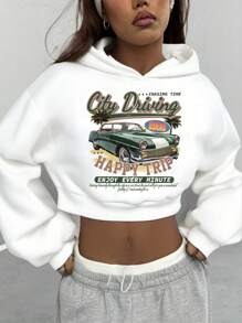 SHEIN Áo nỉ chui đầu dệt kim màu trắng ngắn tay dài ngắn in hình xe hơi & đồ họa cổ điển phong cách đường phố thường ngày cho bé gái tuổi teen - trắng - Xem 1