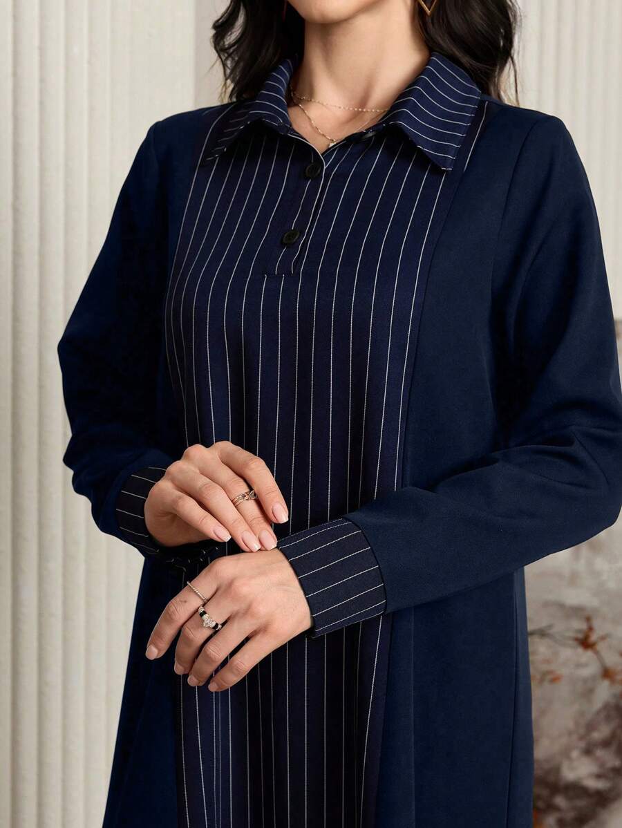 Al Najma 女式条纹长袖 Polo 领休闲宽松阿拉伯连衣裙，休闲朴素 A 字形全长阿拉伯连衣裙，适合休闲日常/家居服 - 藍色 - 查看 1