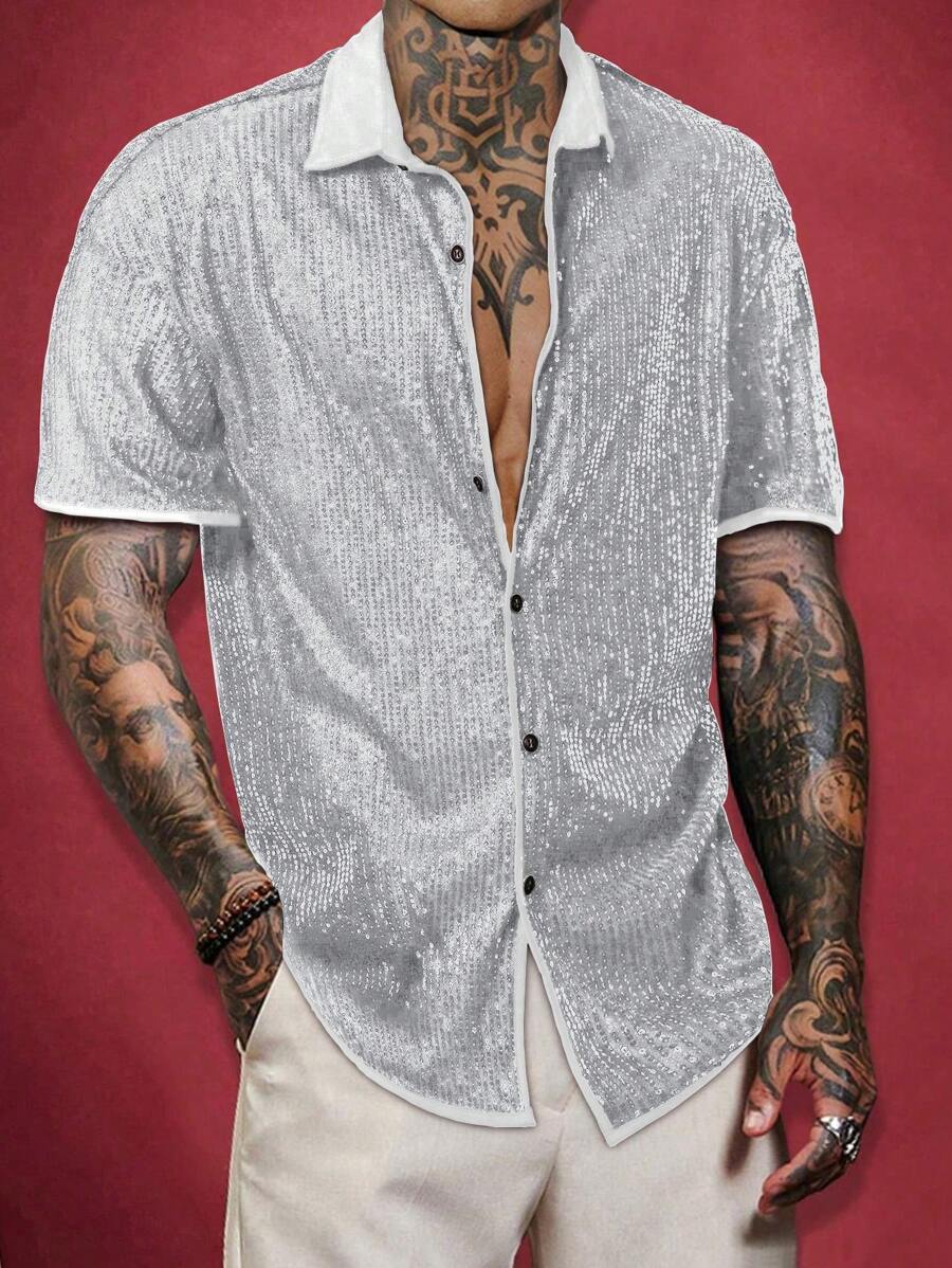 Manfinity AFTRDRK 男士时尚闪亮金属亮片短袖衬衫