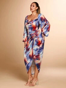 SHEIN BAE Vestido de mujer de talla grande elegante con estampado de mármol, abertura, drapeado y volantes, adecuado para uso casual, vacaciones, citas y fiestas