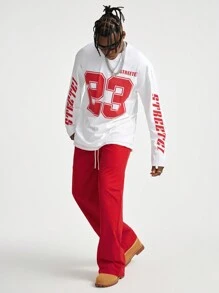 Manfinity VCAY Conjunto casual de camiseta de manga larga con cuello redondo y estampado de letras, y pantalones para hombre, otoño