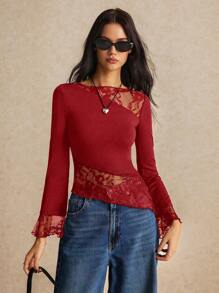 SHEIN Frenchy Plus Size Asymmetrical T-Shirt With French Minimalist Lace Patchwork, Black