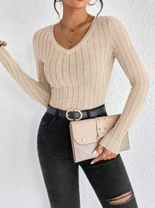 SHEIN Frenchy Camiseta básica de manga larga con cuello en V acanalado de color sólido sencillo para otoño