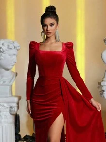 Glamrae Váy dự tiệc dài tay dài xẻ tà cao cổ vuông nhung đỏ thẫm thanh lịch, váy dạ hội, cho khách dự tiệc cưới, tốt nghiệp, tiệc tối - Đỏ - Xem 3