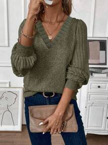 EMERY ROSE Women's Casual V-Neck Loose Long Sleeve Solid Color T-Shirt, Autumn - Army Green - View 3