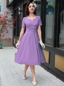 MUXXN 复古 1950 年代 A 字形摇摆连衣裙鸡尾酒会连衣裙复古优雅中长连衣裙 - 紫丁香色 - 查看 1
