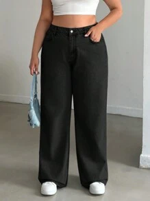 EURMUSE 100%Cotton HIGH RISE STRAIGHT CUT PLUS SZIE WOMEN JEAN - Black - View 6