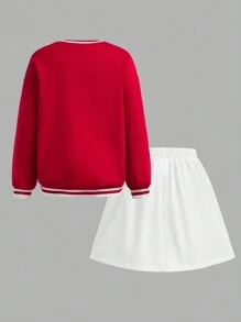 SHEIN 2 pezzi/Set Vestiti casual per ragazze tween, felpa con grafica a lettera ampia e gonna plissettata corta - Rosso - Visualizzare 2