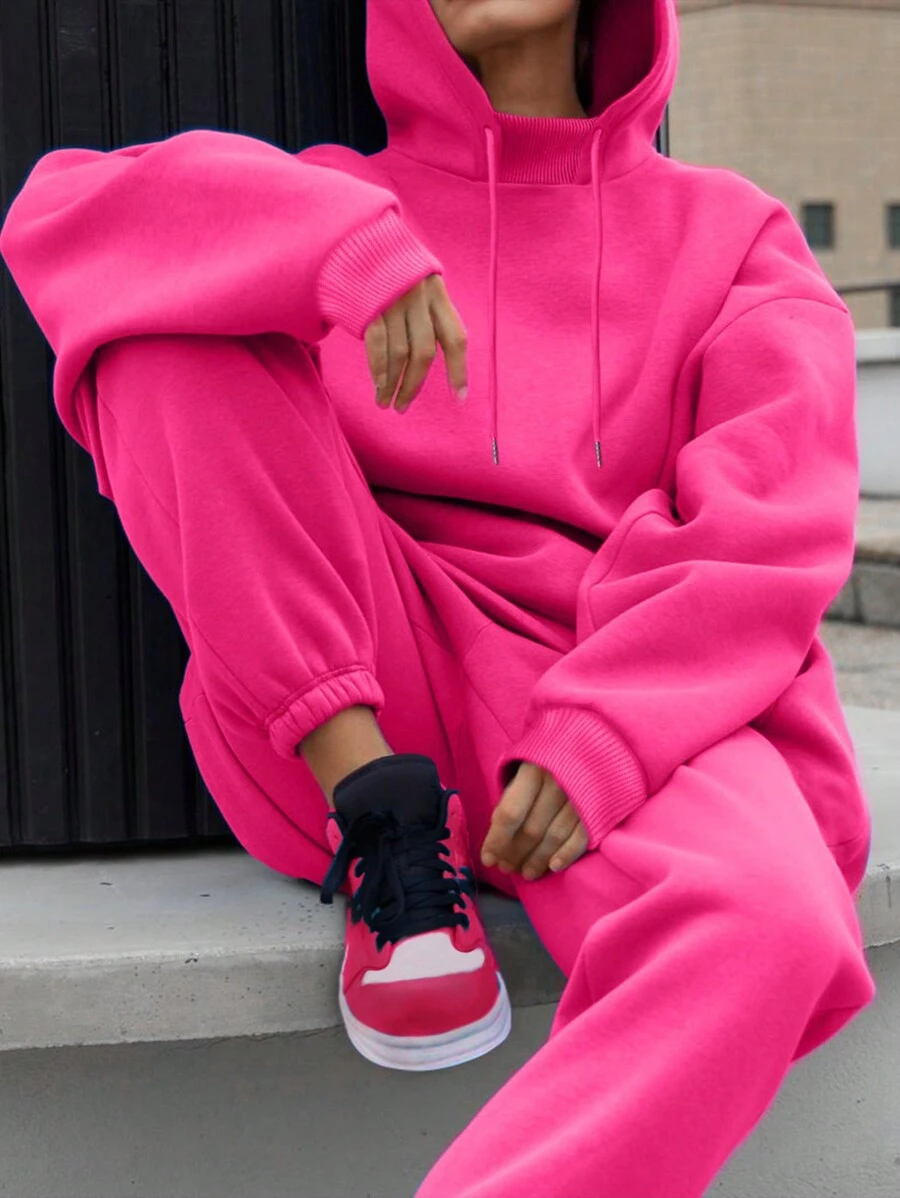 INAWLY Drop Shoulder Hooded Sweatshirt And Sweatpants Set With Drawstring - Hot Pink - View 1