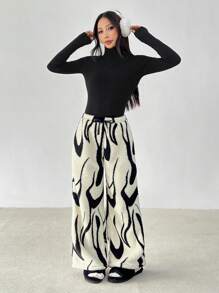 SHEIN PETITE Pantalones anchos y sueltos de pierna ancha con cintura de lazo y estampado de cebra casuales para mujer