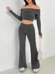 SHEIN PETITE 2 件套女士休闲纯色露肩长袖短款上衣和喇叭裤套装，秋季 - 灰色 - 查看 1