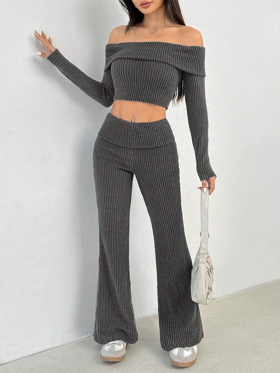 SHEIN PETITE 2 件套女士休闲纯色露肩长袖短款上衣和喇叭裤套装，秋季 - 灰色 - 查看 1