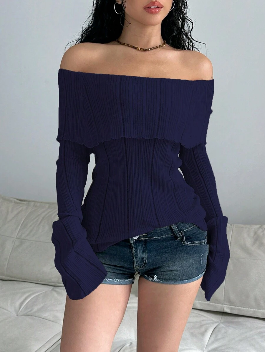 SHEIN Unity 女士纯色露肩长袖毛衣