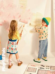 SHEIN 2pcs Young Girls Floral Print Long Sleeve Ruffle Collar Blouse & Pinafore Skirt Sweater Set, Cute/Retro/Casual, Suitable For School And Outdoor, Spring/Autumn/Winter - Multicolor - View 9