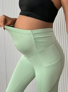 SHEIN Bộ đồ thể thao bà bầu màu trơn có túi xếp ly, mặc thường ngày - Màu xanh Bạc hà - Xem 6