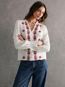 Poéselle White Linen Embroidered Red Flower Long Sleeve Blouse, Women Embroidery Embellished Long Sleeve Tops, Fall Women's, Bohemian Style, Featuring Intricate Embroidery, Luxurious Fabric And Excellent Breathability, Perfect For Daily Wear, Commuting, Vacation And Home Leisure. - White - View 7