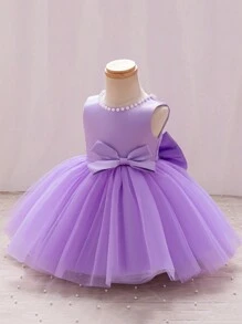 SHEIN Glamorique Kids 女婴圣诞公主裙、舞会礼服、派对和婚礼花裙、粉色薄纱泡泡裙、白色串珠 V 形后背大蝴蝶结公主礼服婴儿紫色连衣裙 - 紫色 - 查看 3