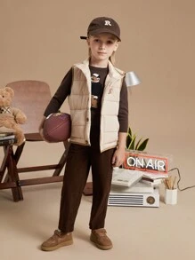 PrepCrw 男童卡其棕色绗缝冬季背心，绣有松鼠图案 - 米色 - 查看 7