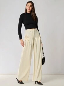Enchnt Pantalones casuales minimalistas de mujer de unicolor con cordón y bolsillo, para uso diario - Albaricoque - Ver 4