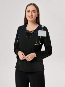 TaskEZ 3pcs Women Simple Cross Strap Double Pockets Nurse Scrub Uniform Top Set - Multicolor - View 6