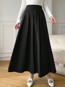 Solavon 女士休闲纯色百褶长裙，秋季 - 黑色 - 查看 3