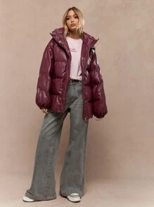MISSGUIDED Oversized Winter Quilted Puffer Hooded Jacket Insulated Outerwear Faux Leather Waterproof Snow Coat Cold Weather Protection Warm Quilted Snow Coat