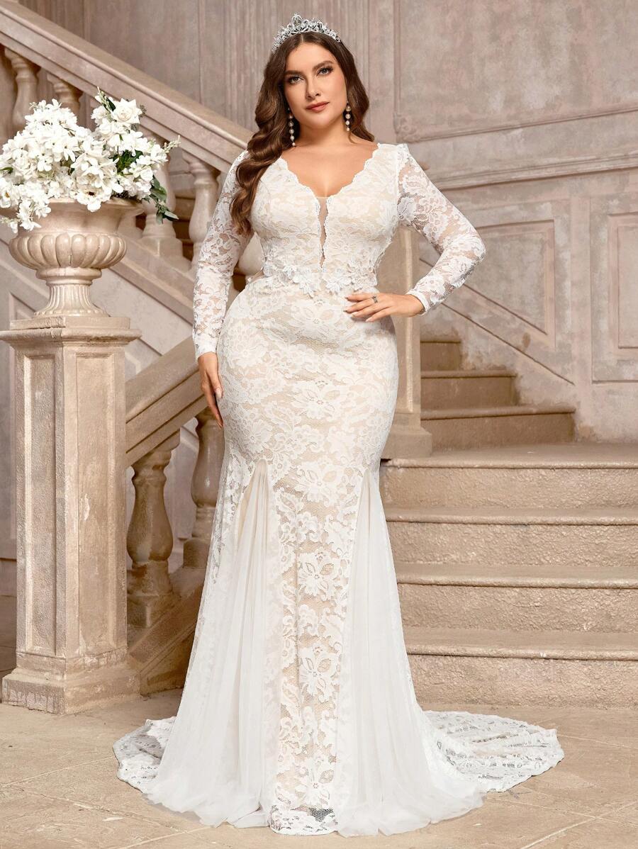 SHEIN Belle فستان زفاف للعروس ذو تصميم أنيق فاخر مقاس كبير، من الدانتيل الأبيض والشيفون الشفاف الأكمام الطويلة مع إضافات خصر مطابقة ، وتفاصيل مذنب مستقيم في الجزء السفلي - أبيض - مشاهدة 1