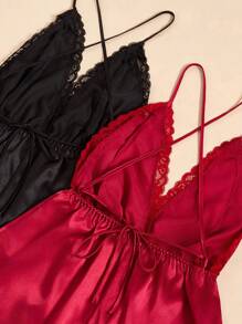 SilkySpell 蕾丝拼布深 V 露背性感仿丝女式睡衣连体衣 - 彩色 - 查看 4