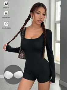 SHEIN Unity Fitted Long Sleeve Ribbed Fabric With Pad Jumpsuit For Women - Black - View 6