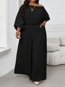 SHEIN Lady 秋冬优雅复古工作休闲办公室香槟色编织露肩舞会礼服主教袖露背新品大码连体裤 - 黑色 - 查看 7