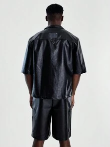 Musero Heren PU Zip Up Gestructureerd Shirt