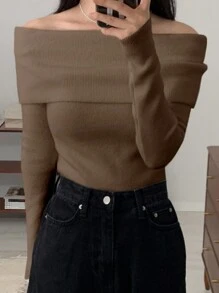 DAZY Suéter de punto de unicolor con hombros descubiertos para mujer, elegante casual para uso diario, suéter con hombros descubiertos para otoño/invierno