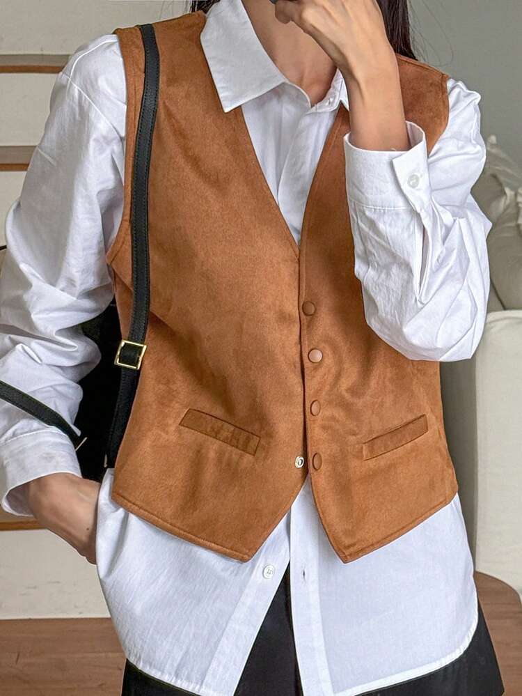 Women's Solid Color Single Breasted V-Neck Casual Vest Jacket, Autumn