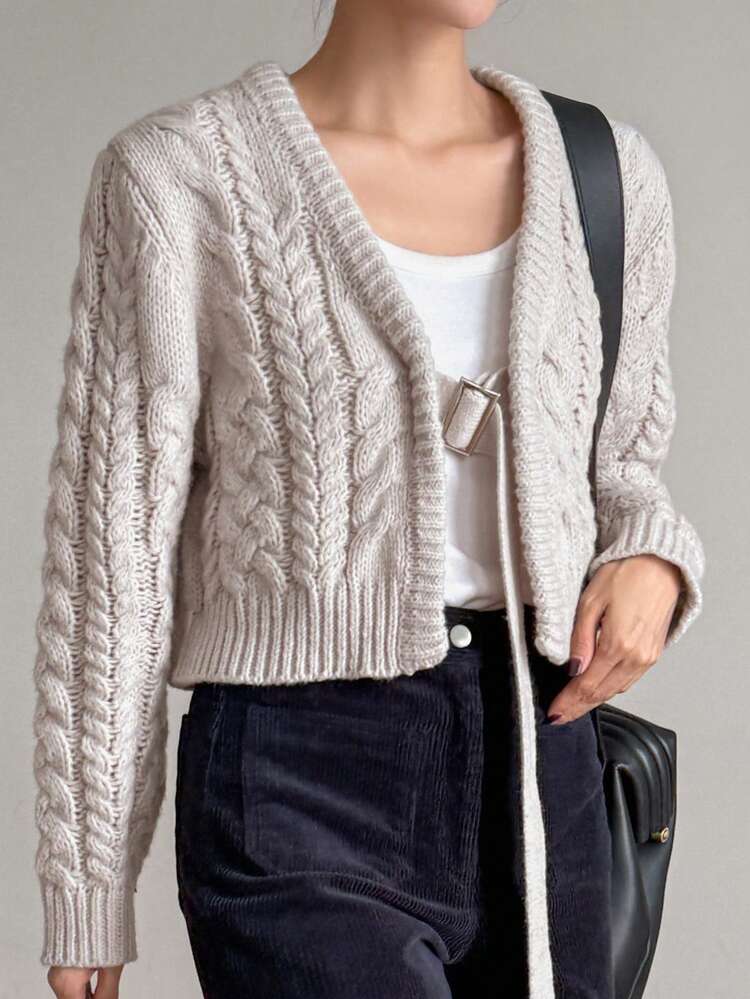 Ladies' Plain Dropped Shoulder Long Sleeve Short Casual Knit Cardigan, Autumn/Winter Jacket
