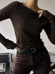DAZY 女士纯色修身船领 T 恤，棕色，春/夏/秋季长袖女上衣，秋季女装 - 棕色 - 查看 5